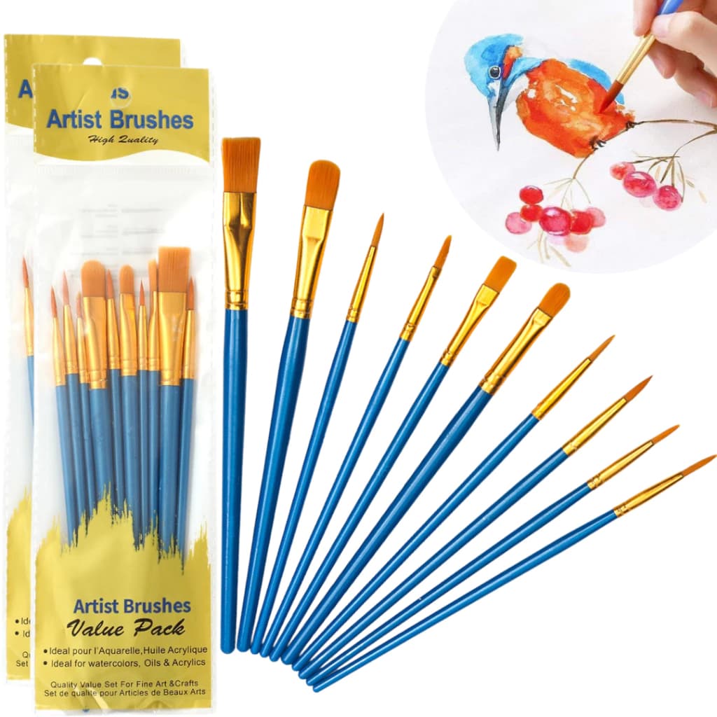 Kit 10 Pincéis Artísticos Cerdas Macias para Pintura em Tela e Artesanato Aquarela, Guache, Óleo
