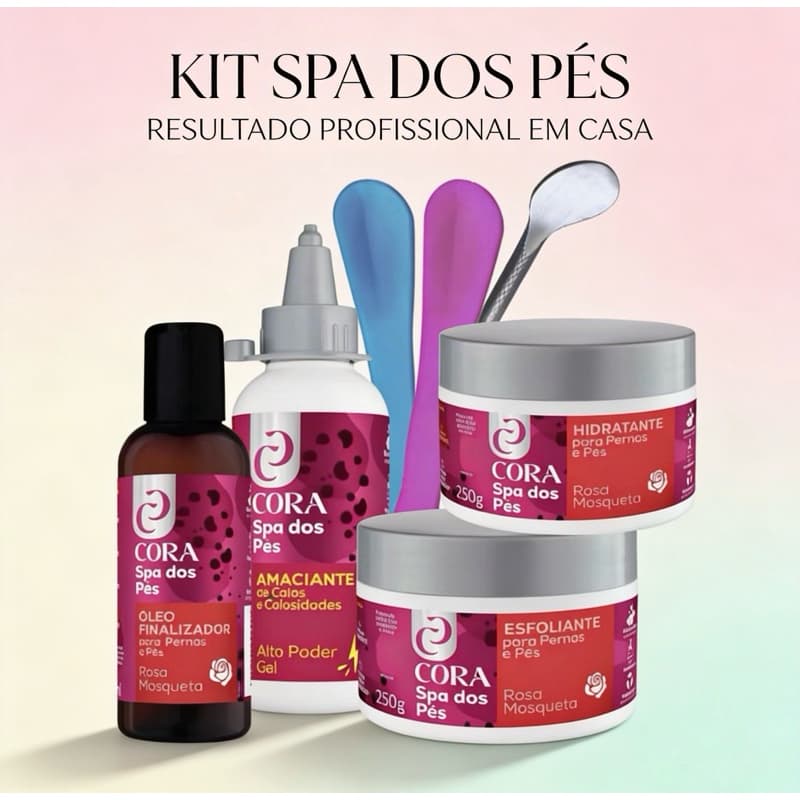 Kit Spa dos Pés Cora Amaciante Esfoliante Hidratante Óleo Finalizador Espátula Rosa Mosqueta