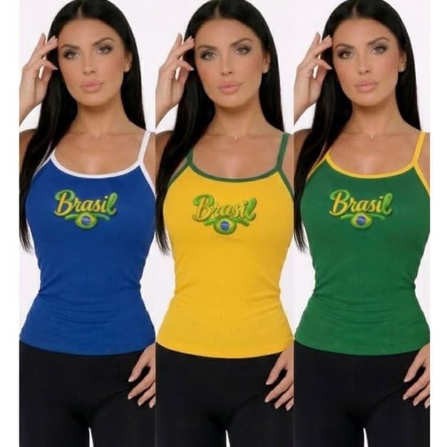 Blusinha Alcinha Com Bojo Canelada Regata Feminina Brasil Copa Mundo 2026 Camiseta Brasileira Super Fashion Moda Verão