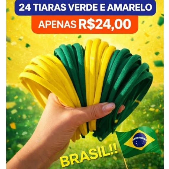 KIT 24 TIARAS ENCAPADAS DE CADARCO DE 10MM BRASIL VERDE E AMARELO