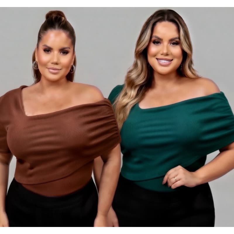 Blusa Plus Size Transpassada Feminina Manga Curta Canelada Elegante Casual