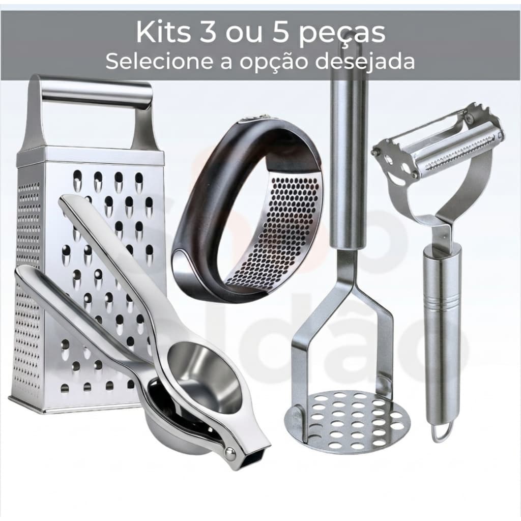 Kit Utensílios Inox 3 ou 5 Peças – Amassador, Espremedor, Descascador e Mais (Escolha a Variação)