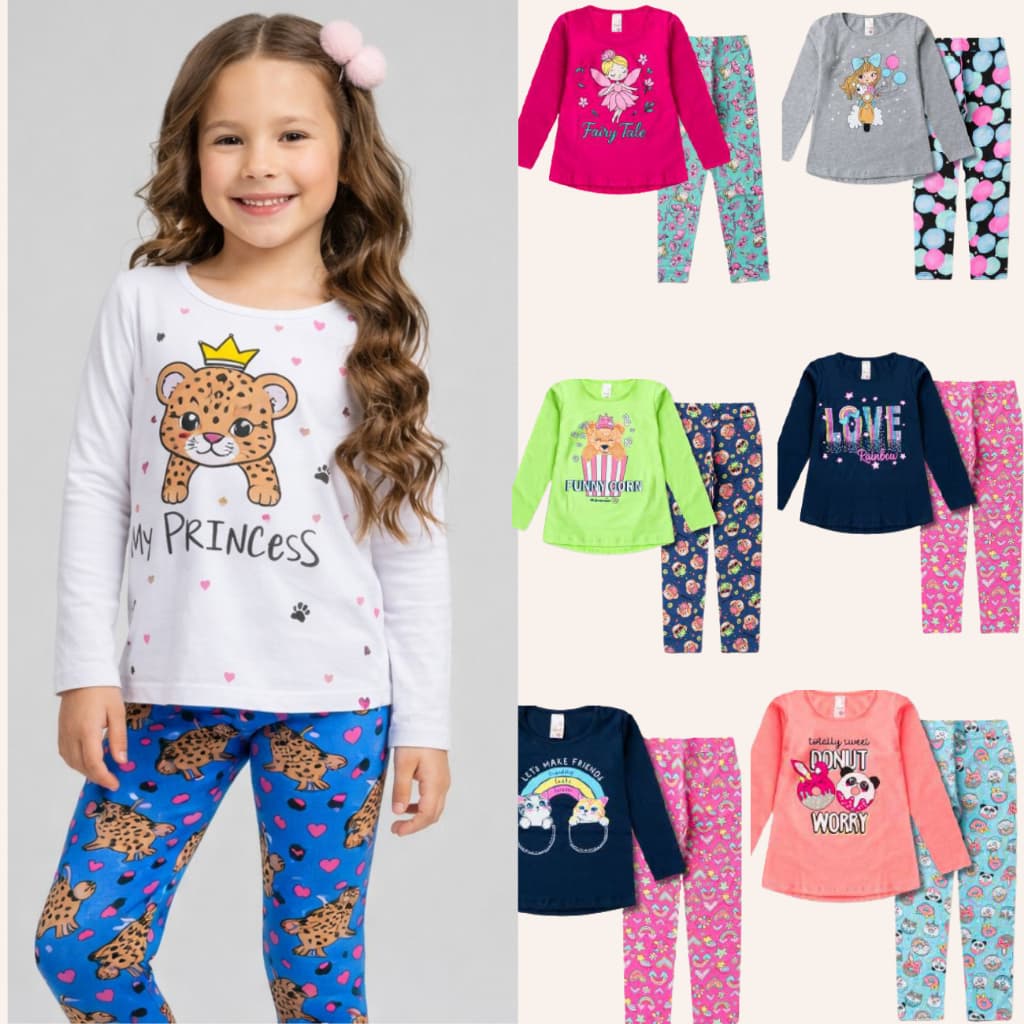 Kit 4 Peças Infantil Menina com Blusa e Legging Estampado Inverno Conjunto Infantil Menina