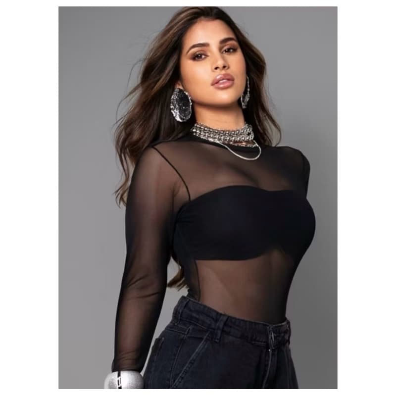 Body Tule Feminino Manga Longa Renda Blogueiras  Tamanho Único