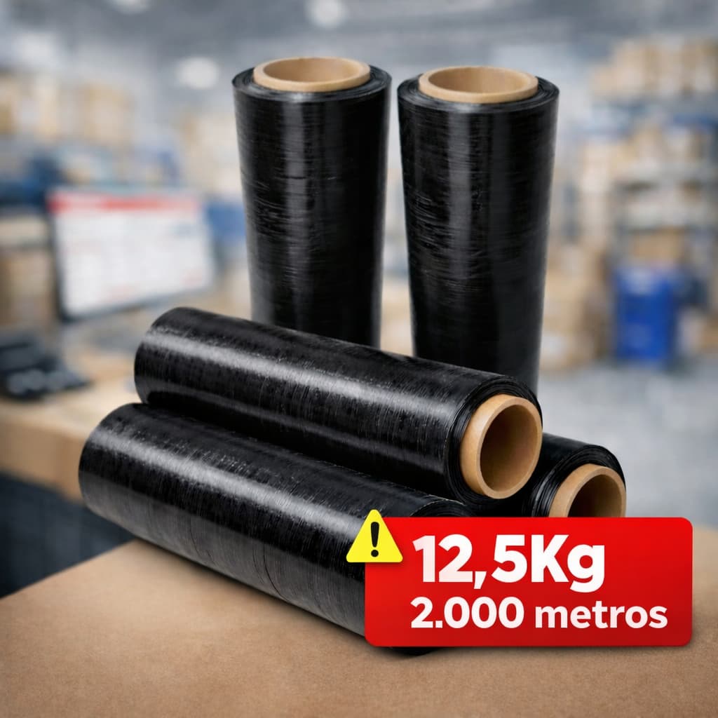 Kit 5 Bobinas Filme Stretch Preto 50cm x 25 micras - (400 Metros / 2,5kg por bobina)