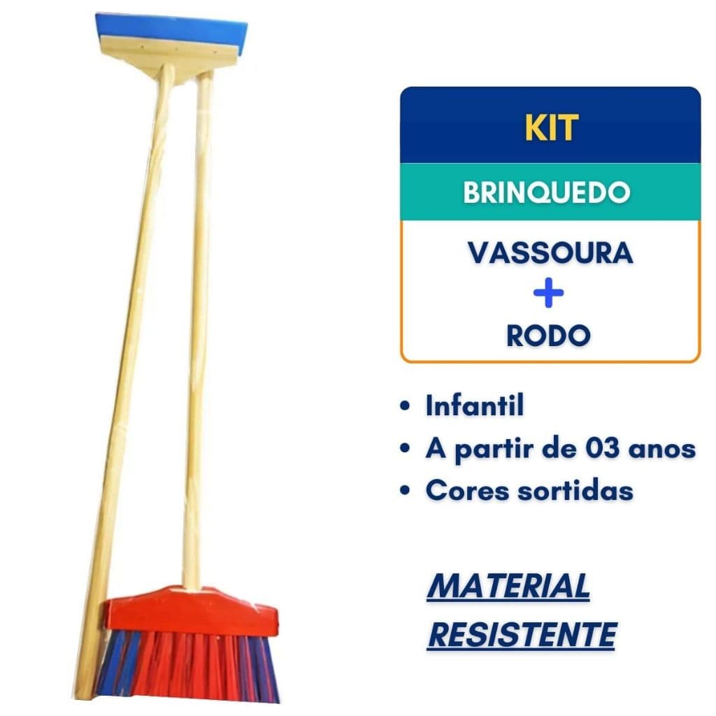 Kit Limpeza Brinquedo Infantil Vassoura Noviça e Rodo Vassourinha e Rodinho Criança Cores Sortidas