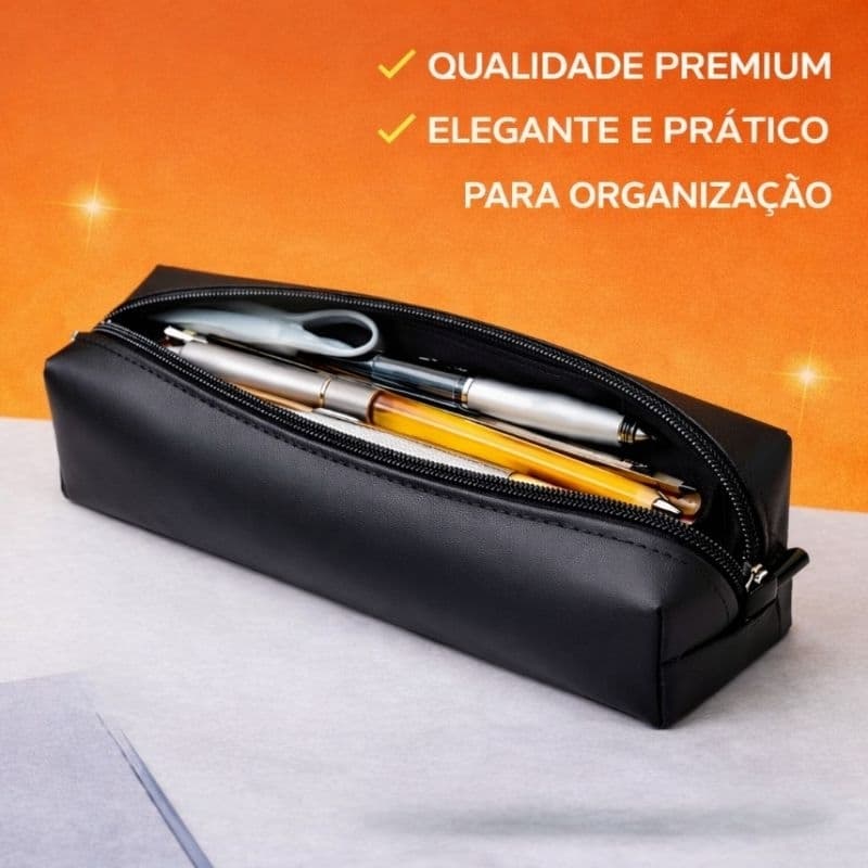 Estojo Organizador Couro Escolar Faculdade Preto, Azul Marinho