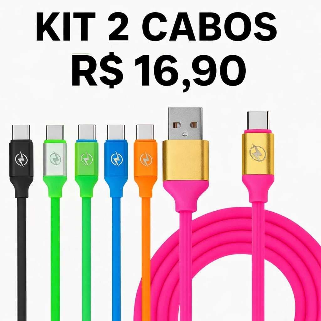 KIT 2 CABOS DE CARREGAMENTO TURBO USB/TIPO C - 1.2m TRANÇADO DE COBRE E EMBORRACHADO