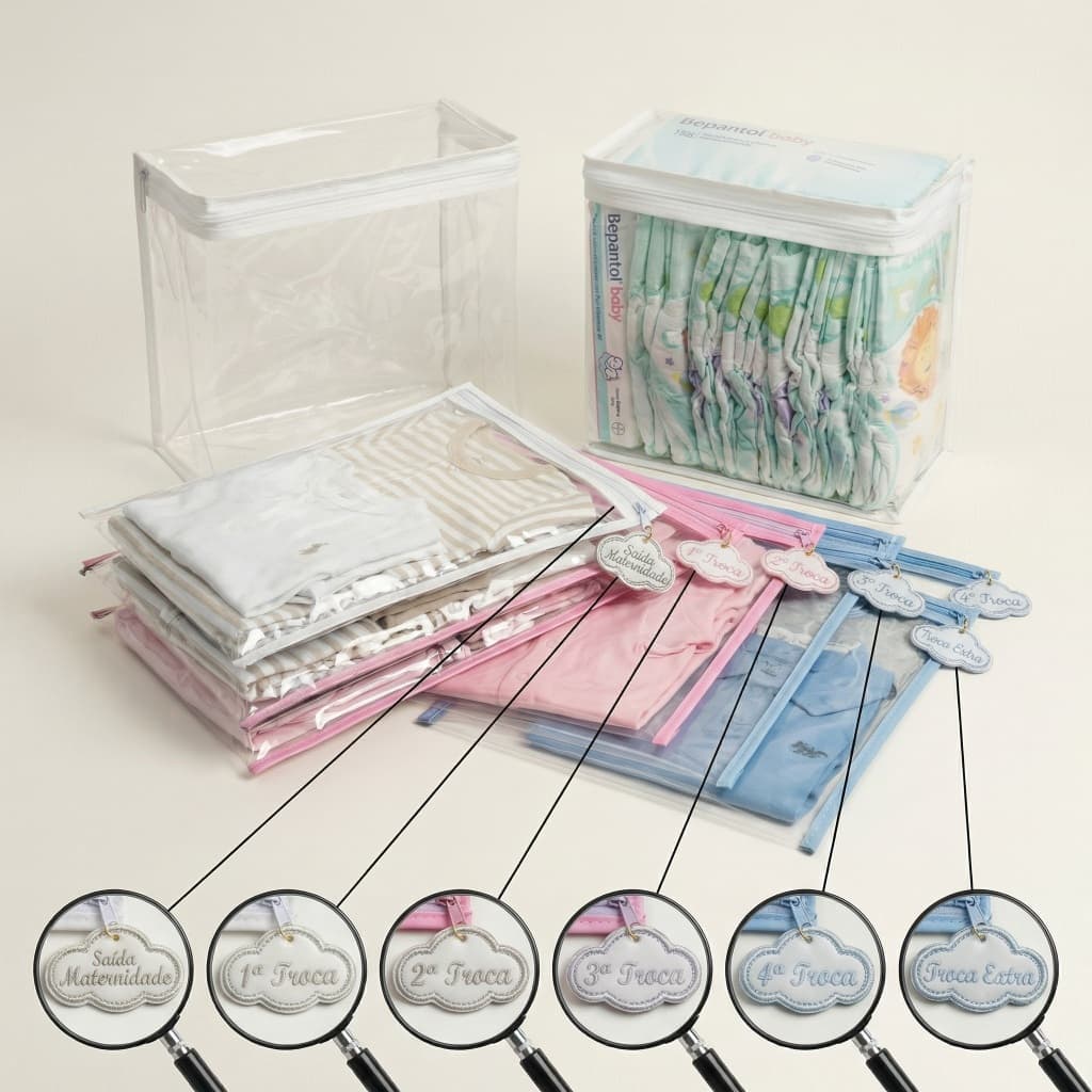 Kit 6 Saquinhos Maternidade Com TAG Bordada + 2 Nécessaire Porta Fraldas Remédio