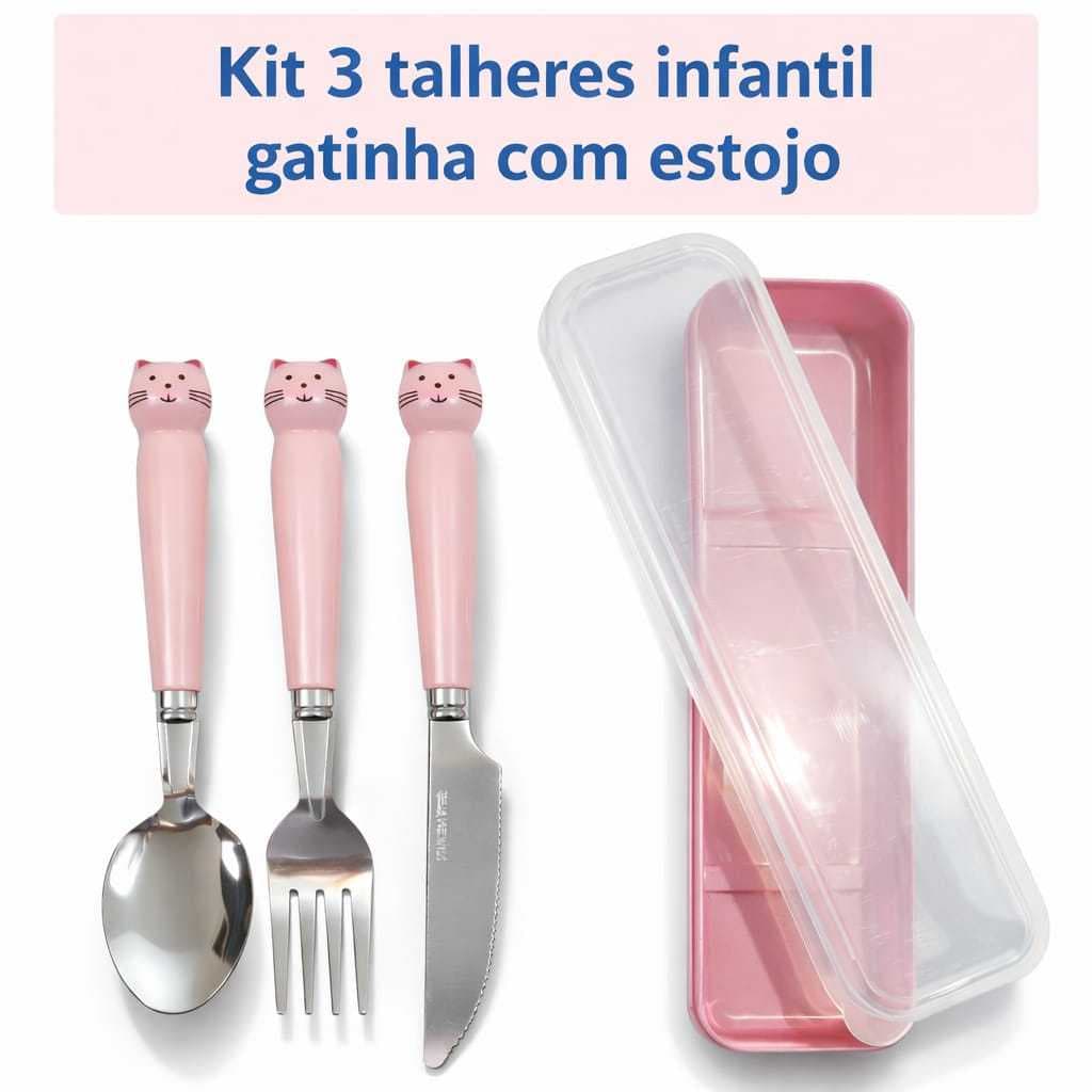 Kit 3 peças talheres Infantil gatinha garfo faca colher com estojo
