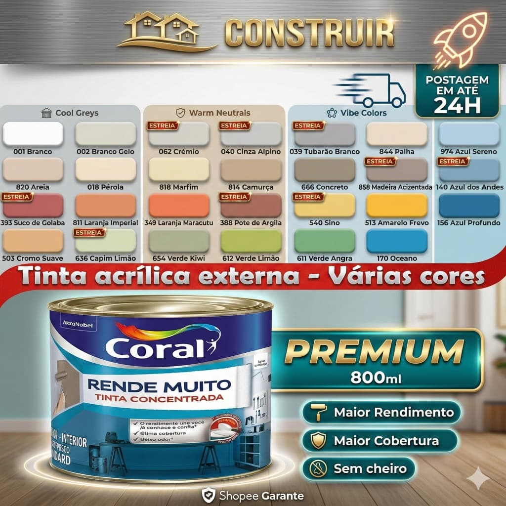 Tinta Coral Rende Muito 800ml + Rolo de lã 9cm | Lavável Interior e Exterior - Alta Cobertura