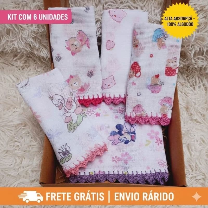 Kit com 6 Unidades Fralda de Boca Pano Chupeta Bebê Com Crochê  - Estampada Menino e Menina
