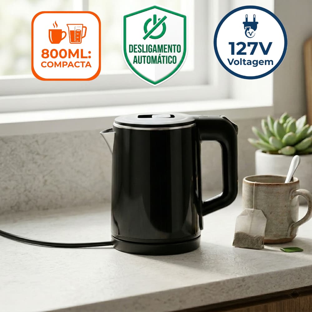 Chaleira Elétrica Inox 800ml 127V Jarra Portátil Compacta 16cm Com Desligamento Automático Café Chá