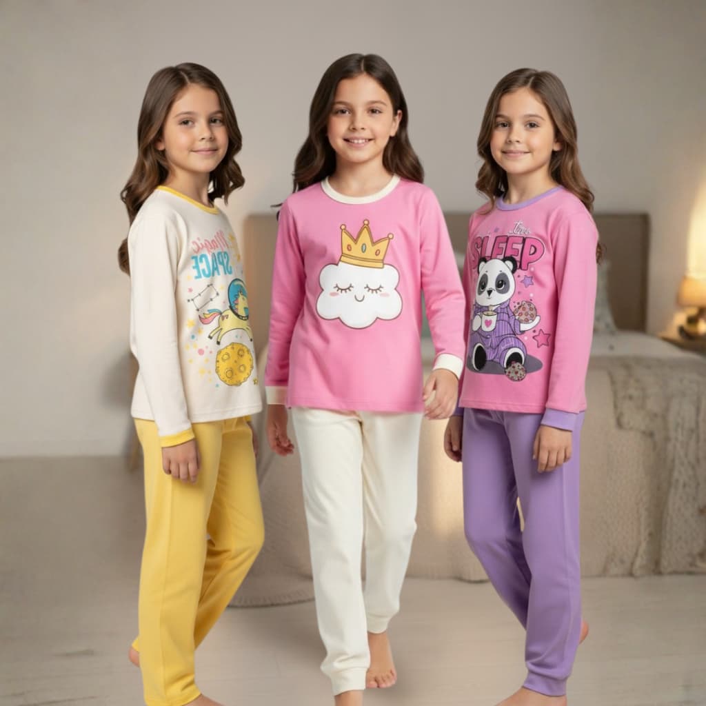 Kit Pijama Menina 100% Algodão | Pijama Infantil de Inverno | Roupa de Dormi Juvenil Tamanho 1 ao 14 anos