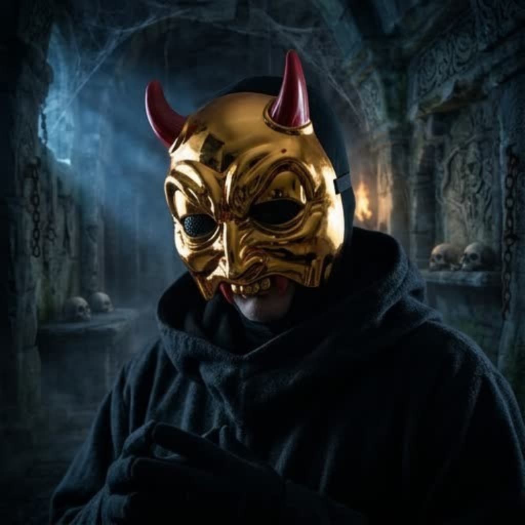 Máscara Diabo Dourado Chifre Vermelho Luxo Halloween