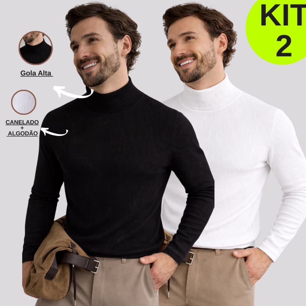 Kit Com 2 Camisas Masculina Manga Longa Gola Alta Cacharrel Inverno