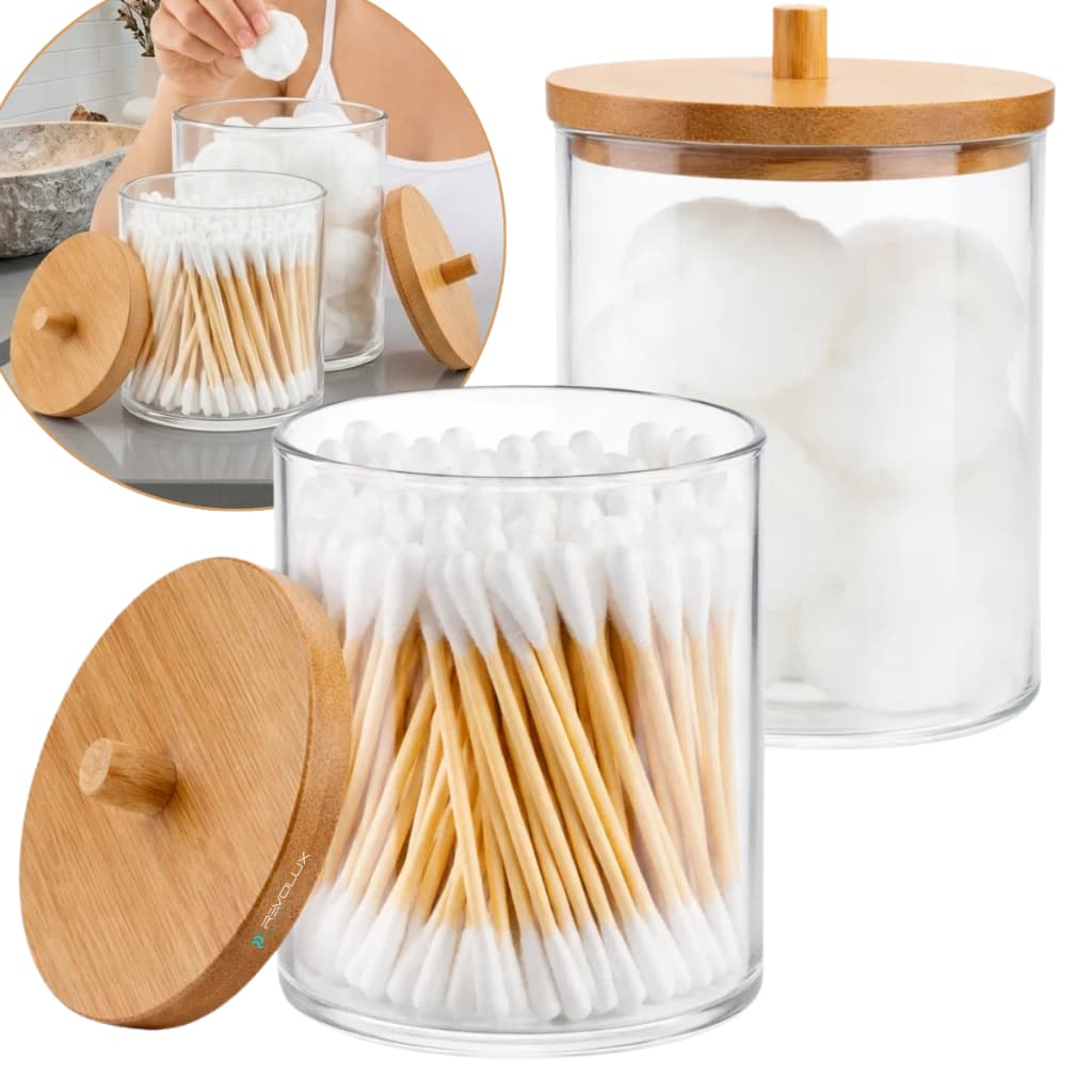 Kit Pote Acrilico Porta Algodão Cotonete Com Tampa de Bambu Redondo Joias Brincos
