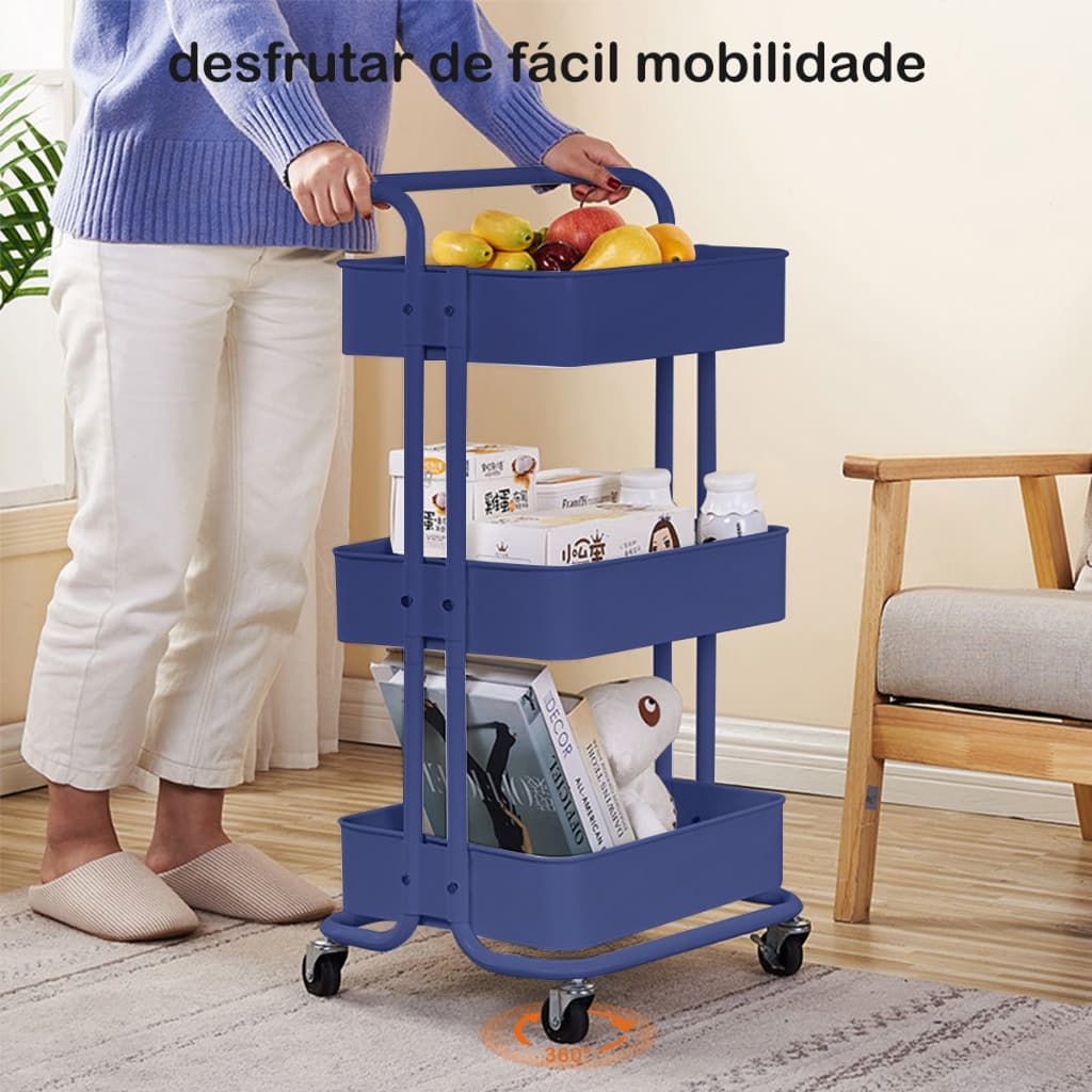 Carrinho Organizador Multiuso - 3 Prateleiras, Desliza Suavemente e Economiza Espaço azul
