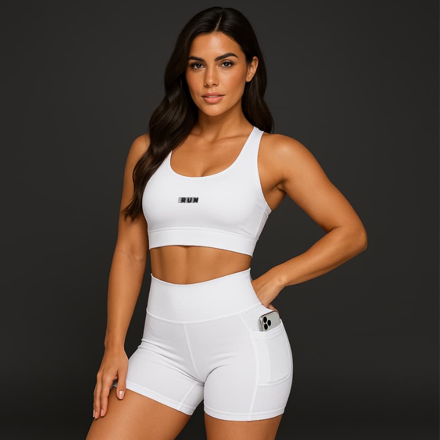 Conjunto Feminino Academia Top + Shorts Poliamida com Bolso Lateral Treino Macia e Elástica