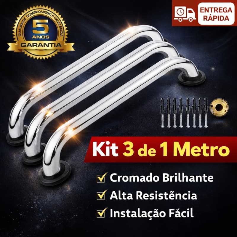 Kit 3 Barras de Apoio de 1 Metro  Banheiro  PCD Idosos Alça de Segurança  Alumínio Clinicas Corrimão
