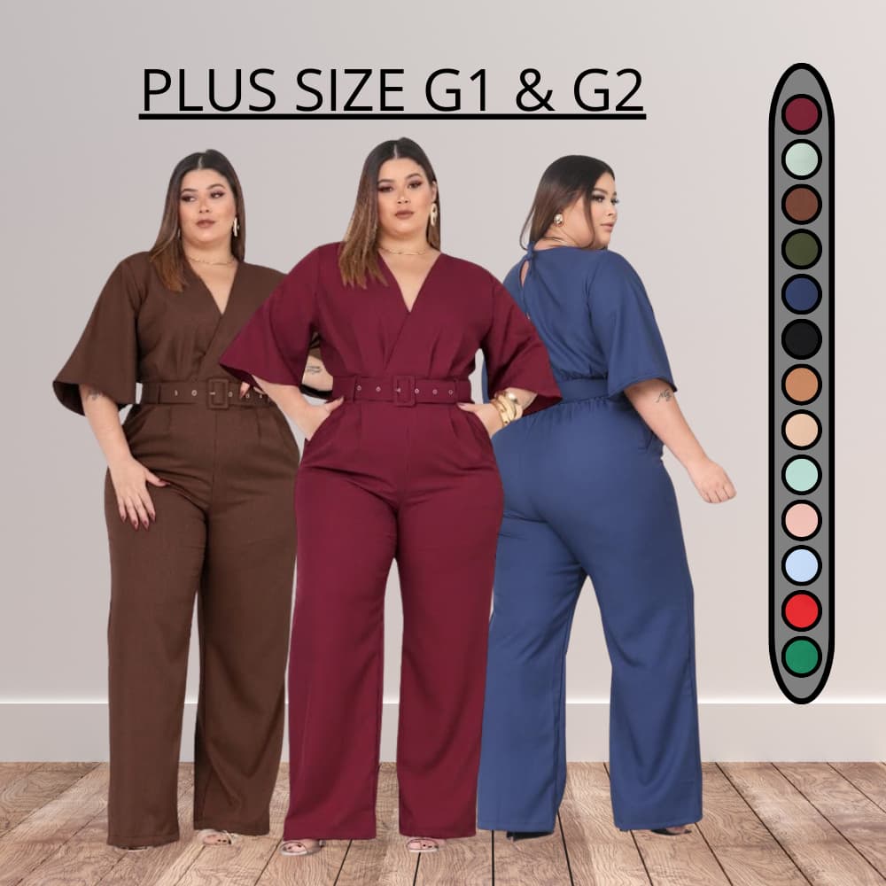Macacão Feminino Plus Size com cinto Elegante alfaitaria Luis Twill