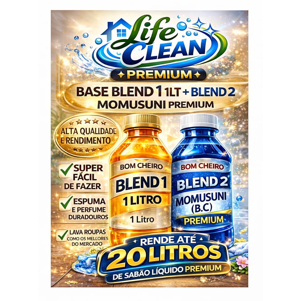Kit Sabão Líquido Faz 20 Litros Lava Roupas Fácil de Fazer Blend 1 e 2 Momusuni B.C Premium