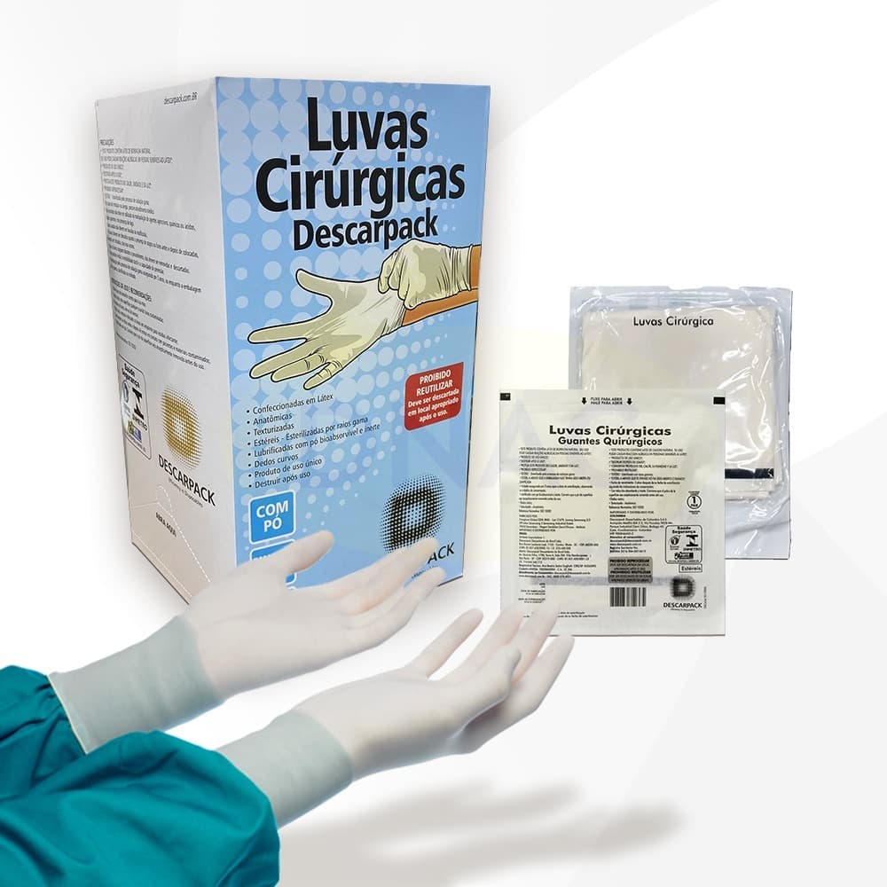 Caixa De Luva Cirúrgica Estéril Branca Descartável 6,5/ 7.0/ 7,5/ 8.0 Com 50 pares - Descarpack