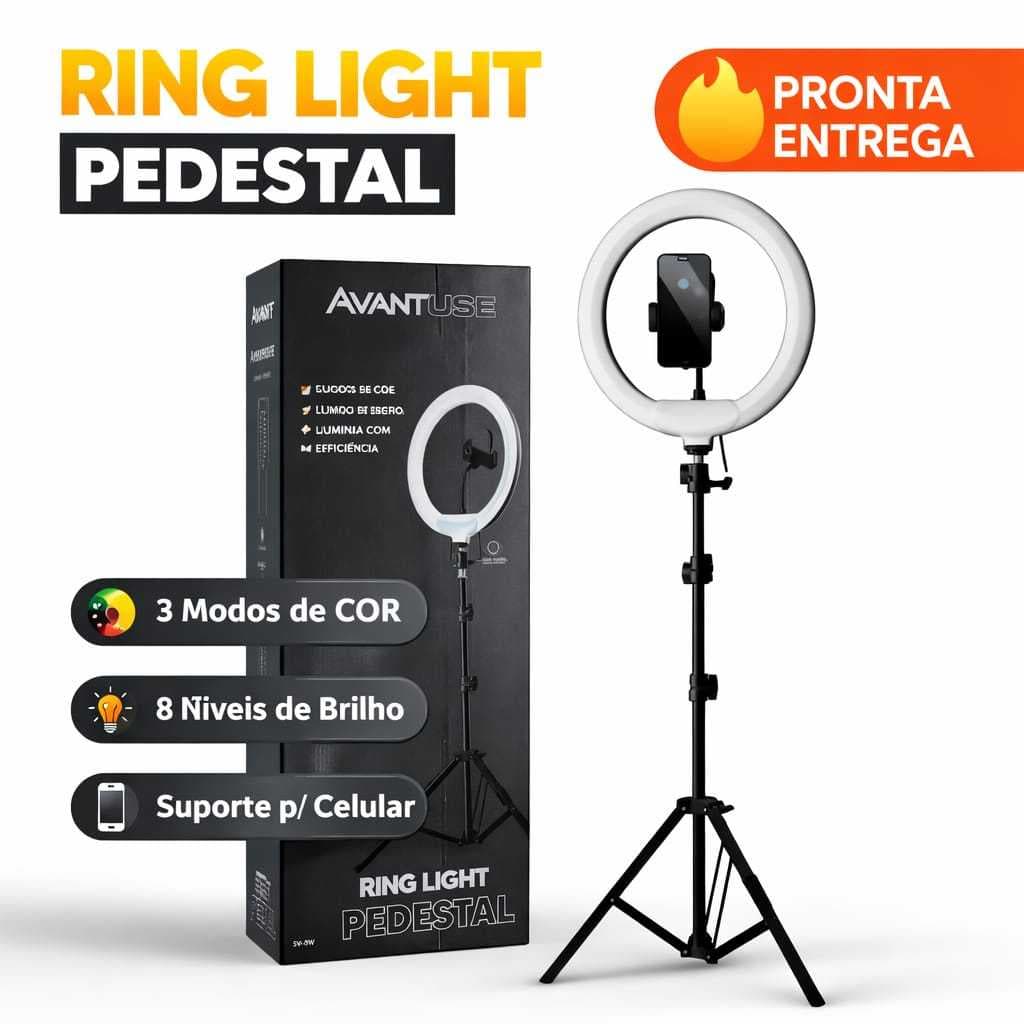 Ring Light Pedestal 26cm Profissional com Tripé 1,70m 3 Modos 8 Níveis Bivolt
