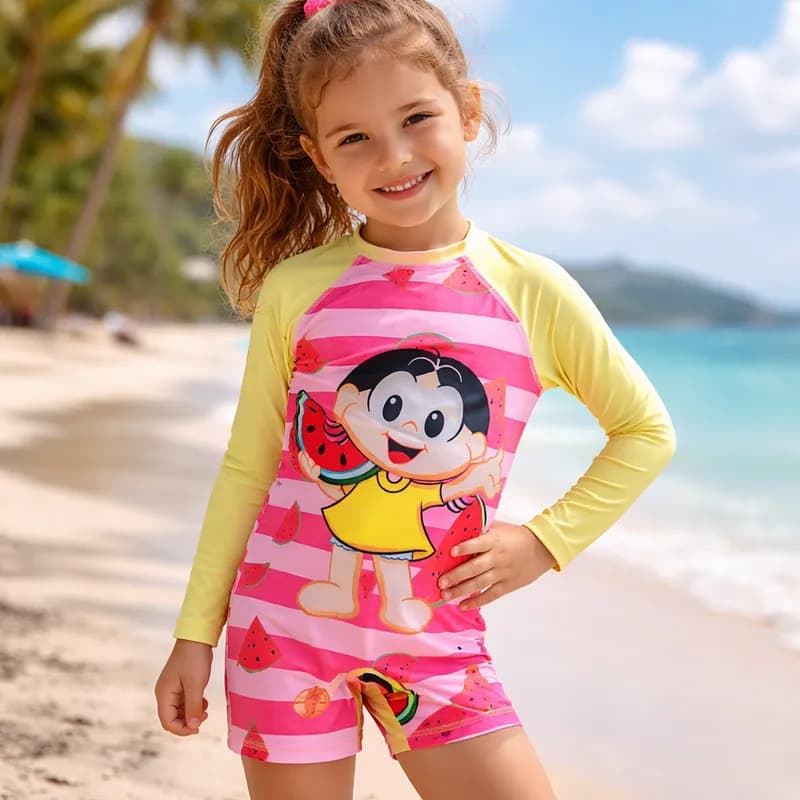 Macaquinho Shorts Infantil Banho Macacão Zíper Uv50 Maiô Natação Manga Longa Menina Praia Piscina