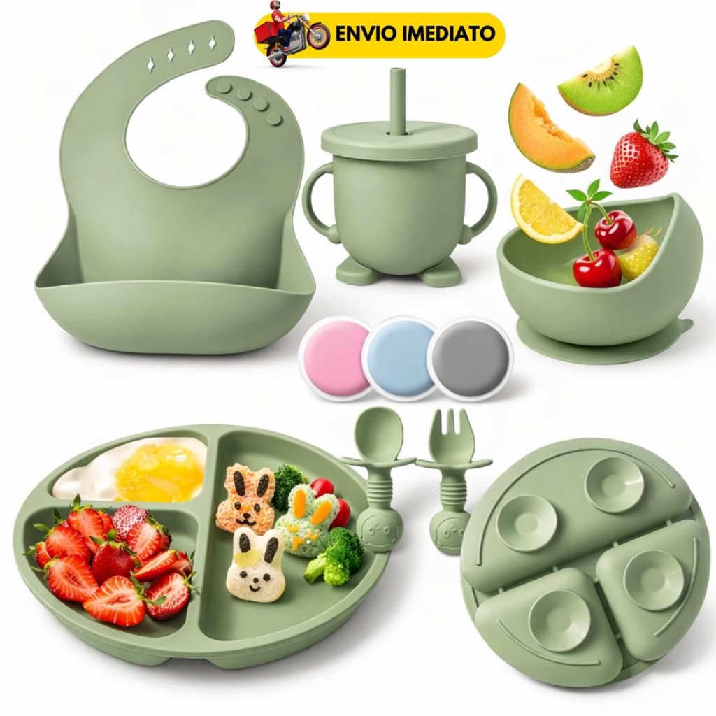 Kit Alimentação Bebê Silicone 6 Peças Com Ventosa Prato Dividido, Babador, Copo e Talheres Colher Garfo Canudo Infantil