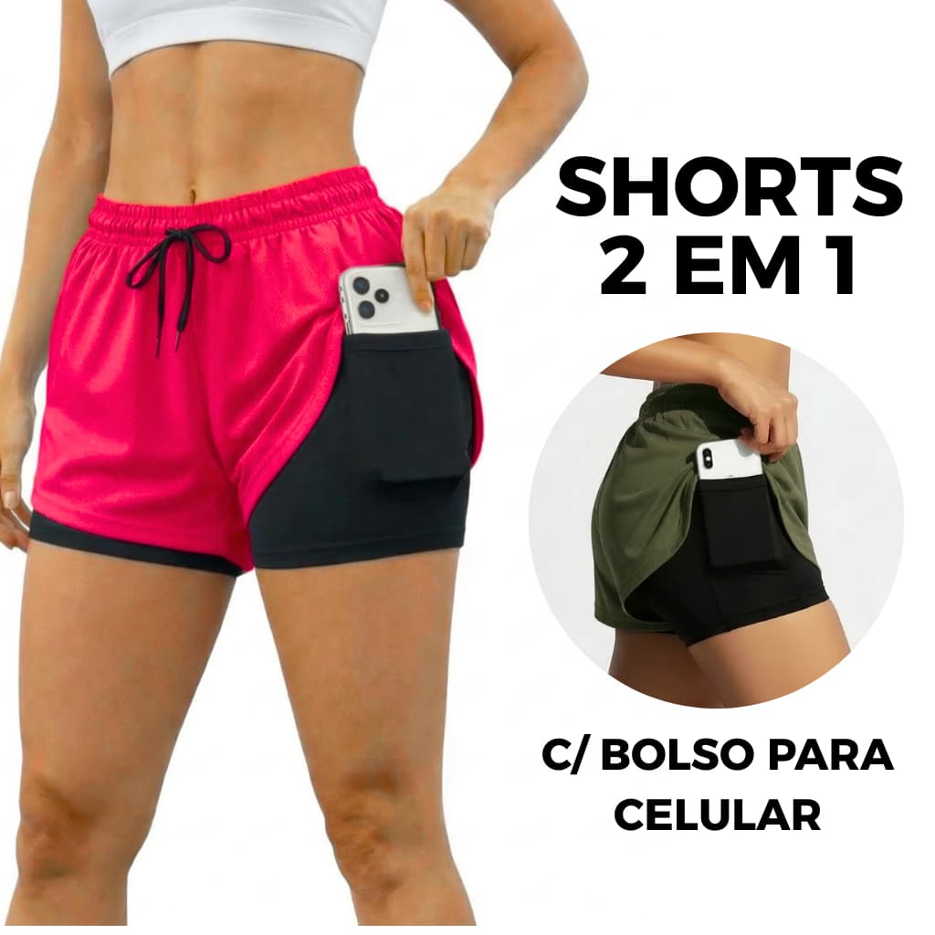 Shorts 2em1 Feminino Duplo Tecido Dry Fit e Forro Suplex Com Cintura Alta e Compressão Perfeito Para Academia