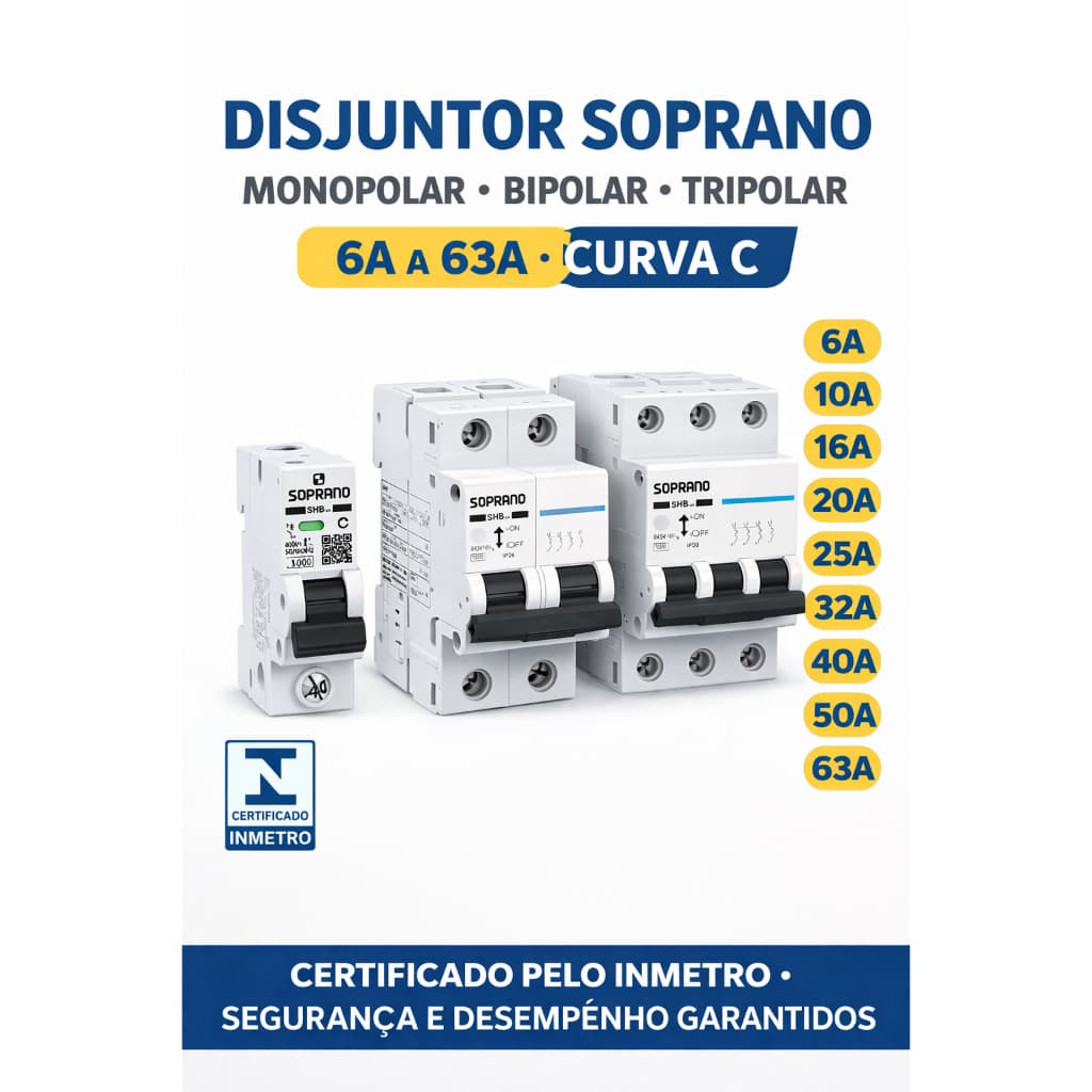 Disjuntor Soprano Monopolar Bipolar Tripolar 6A 10A 16A 20A 25A 32A 40A 50A 63A Curva C
