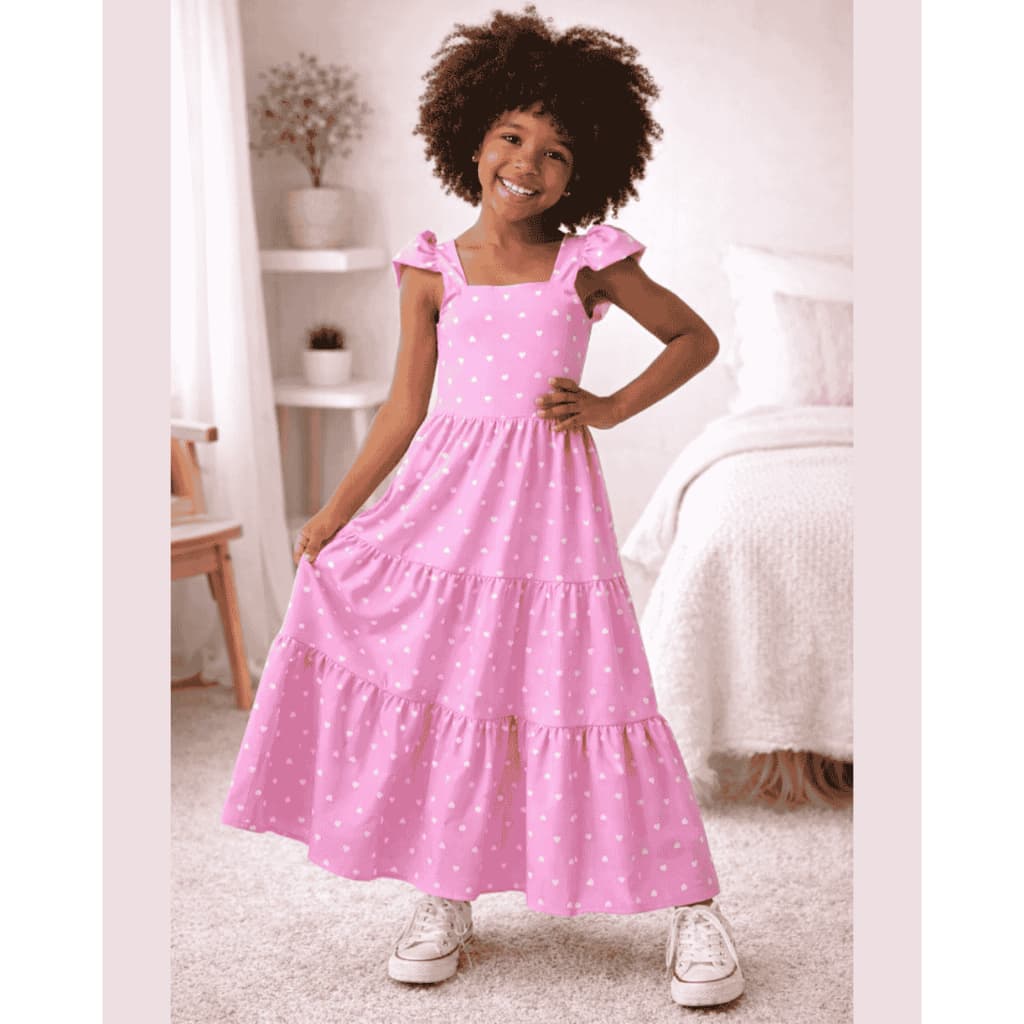 Vestido Midi Infantil Feminino Três Marias com Babado no Ombro | Estampa Coração | Moda Infantil Blogueirinha