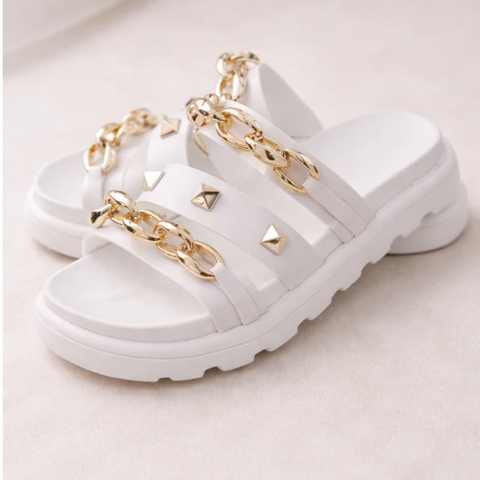 Birken Papete Sandália Conforto Feminina Luxo Corrente Spike Dourada