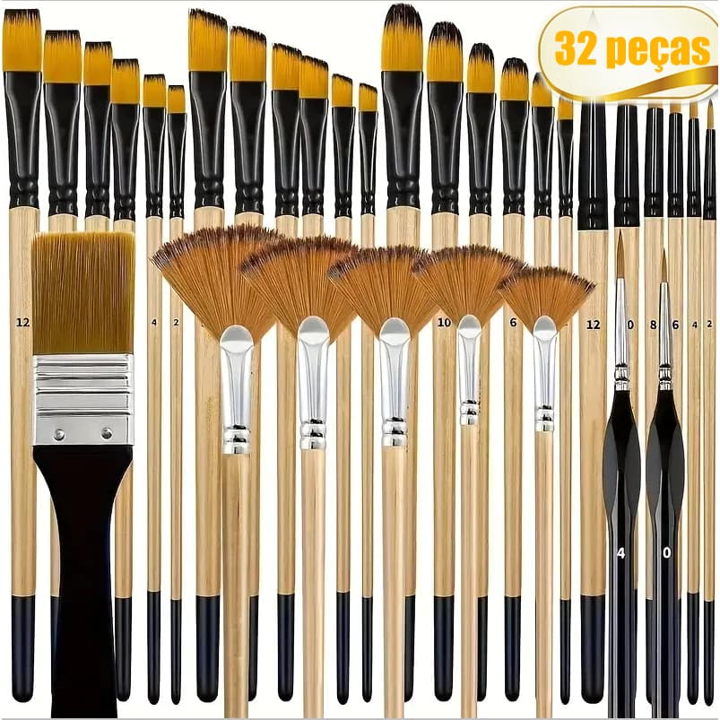 Conjunto De Pincéis De Pintura Profissional 32 Unidades-Cerdas De Nylon De Vários Tamanhos Para Óleo/Água/Acrílico/Art