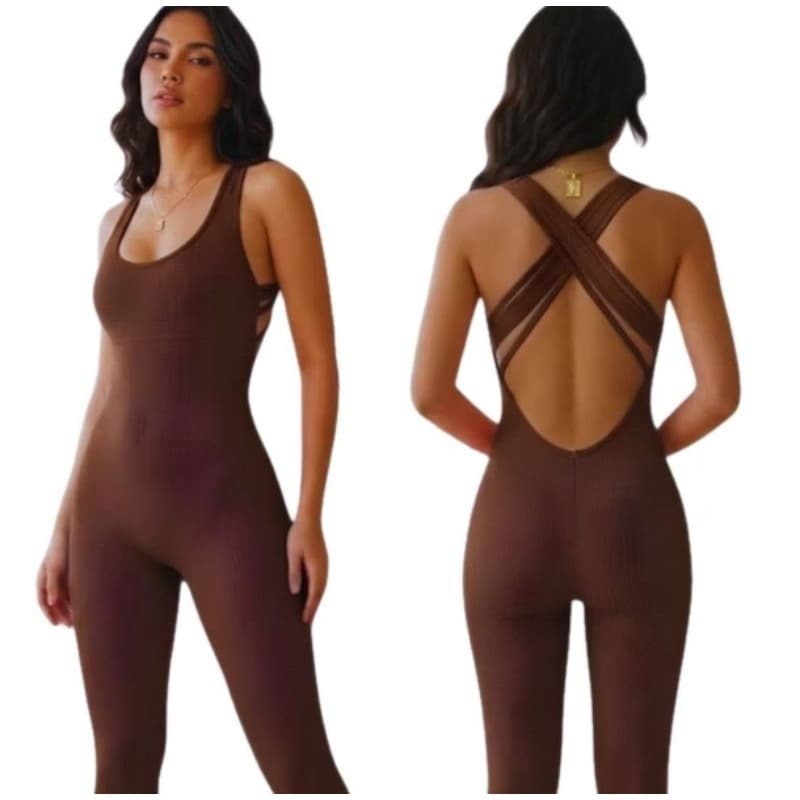 Macacão feminino canelado longo com bojo removível para academia yoga e trainings