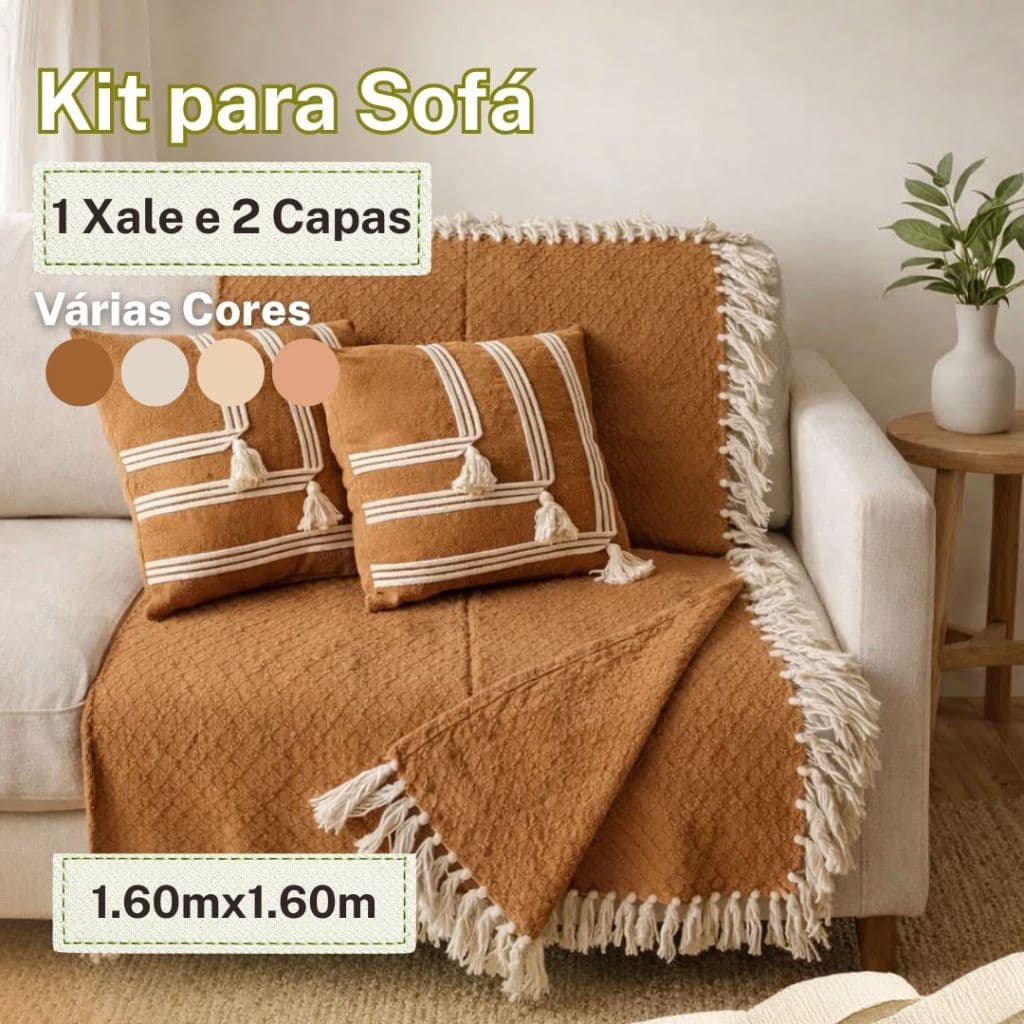 Kit 1 Xale e 2 Capas de Almofada 100% Algodão
