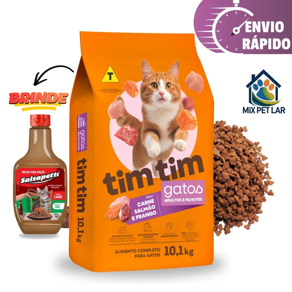 RAÇÃO TIM TIM CAT ALIMENTO GATOS ADULTOS FILHOTES 10,1KG CARNE SALMÃO FRANGO + MOLHO CREMOSO SALSAPETTI 250G