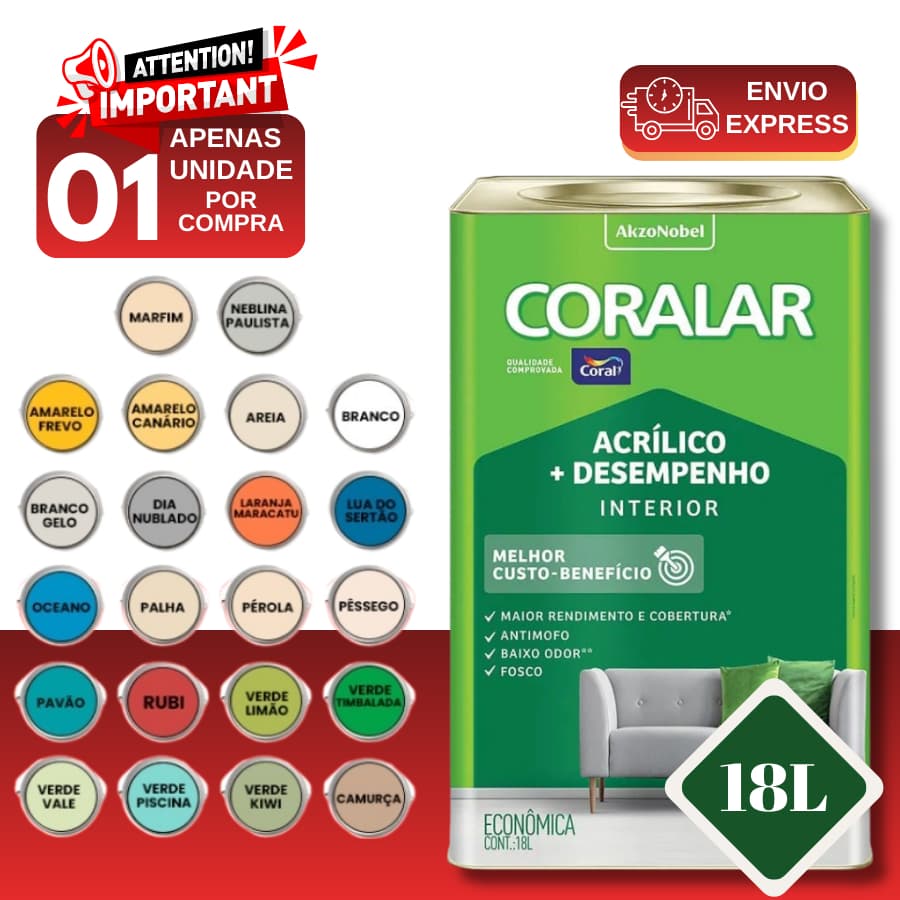 Tinta Acrílica 18L Litros Coral Versátil Interno Coralar Anti Mofo 18 Litros Cores