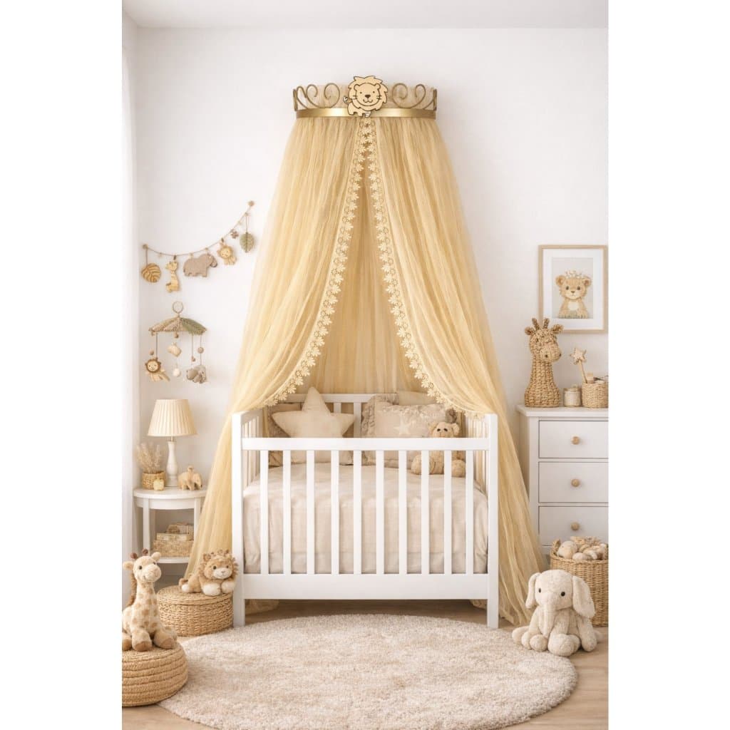 Suporte de mosquiteiro para berço dourado com Leao safari em relevo