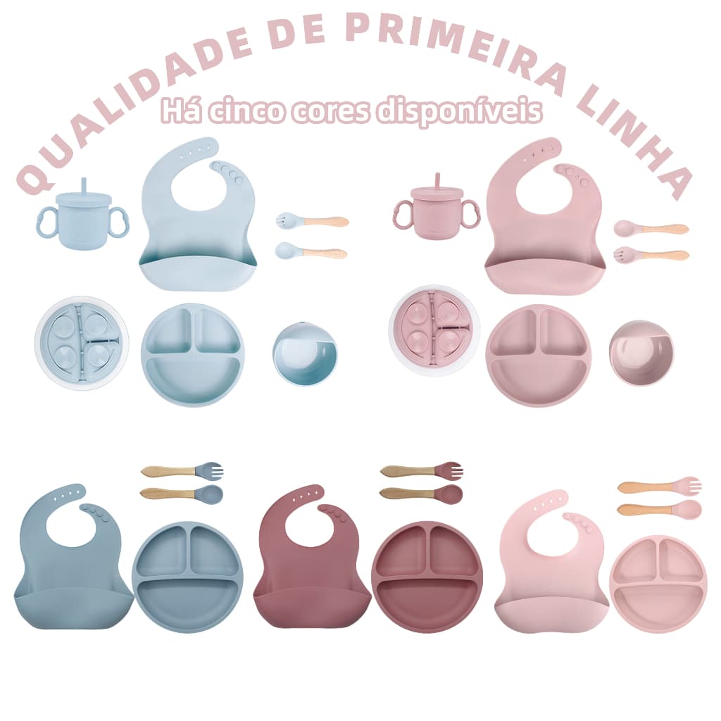 Talheres Bebê Silicone 4/6 Peças Kit Talheres Infantil Com Ventosa Canudo Colher Babador Garfo