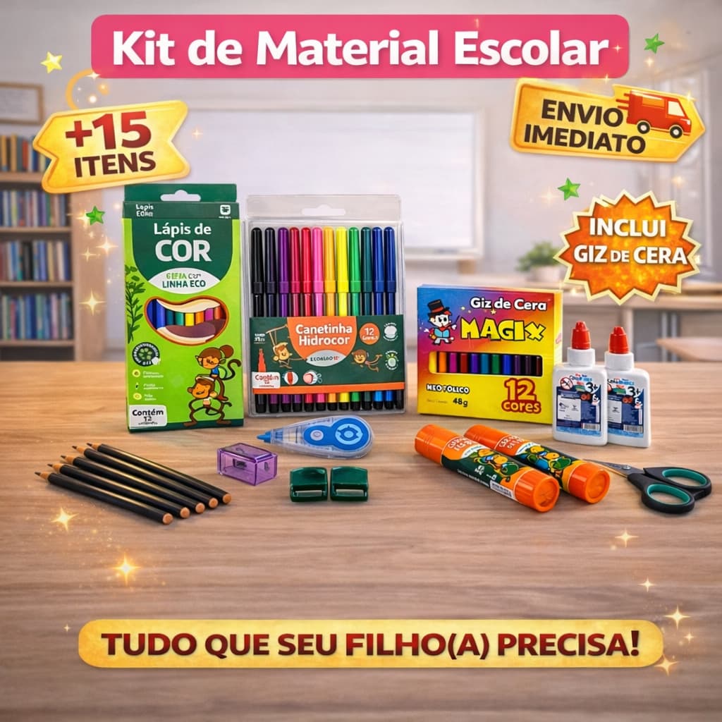 KIT Material Escolar Infantil Completo Lápis de Cor, Canetinha Hidrocor Giz de Cera Tesoura