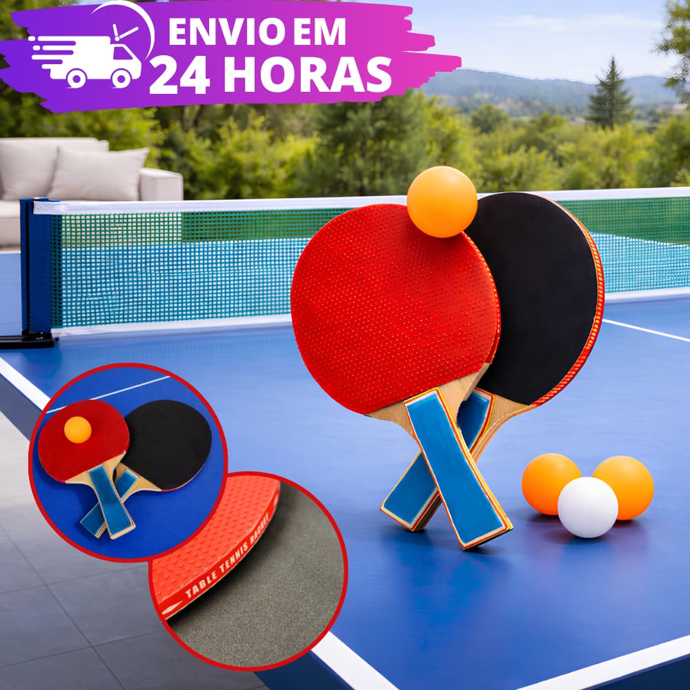 KIT Ping Pong Tênis de Mesa C/ 2 Raquetes Anatômicas, 3 Bolas, 1 Rede e 2 Suportes