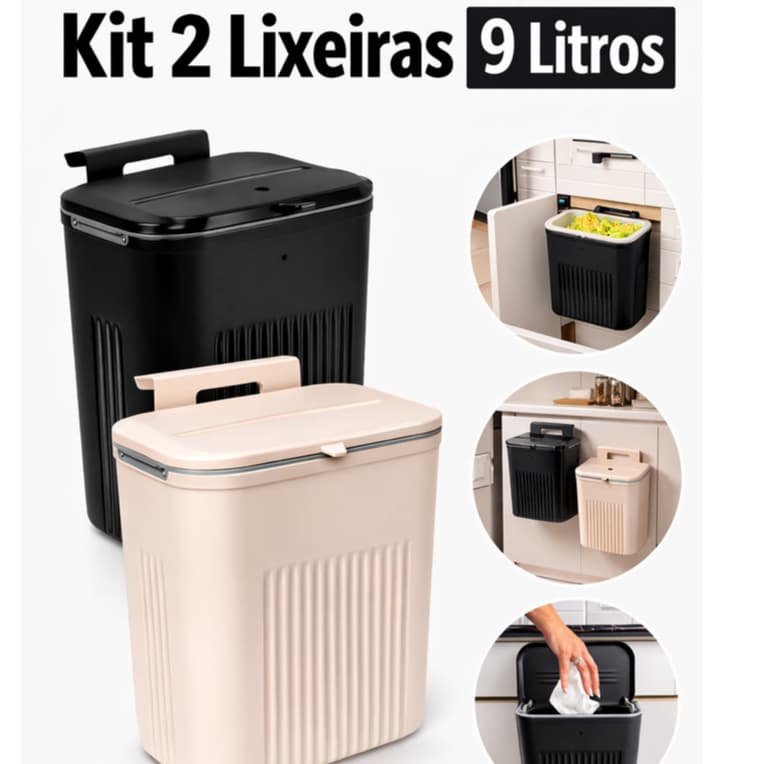 Lixeira Suspensa com Suporte Adesivo e Alça de Pendular 9 Litros Com Tampa Cozinha Sala Banheiro