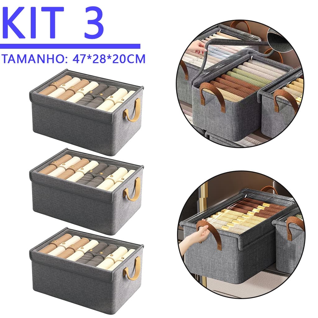 Kit 3 Organizadores de Roupas com Tampa | Dobráveis e Economizadores de Espaço 47x28x20cm