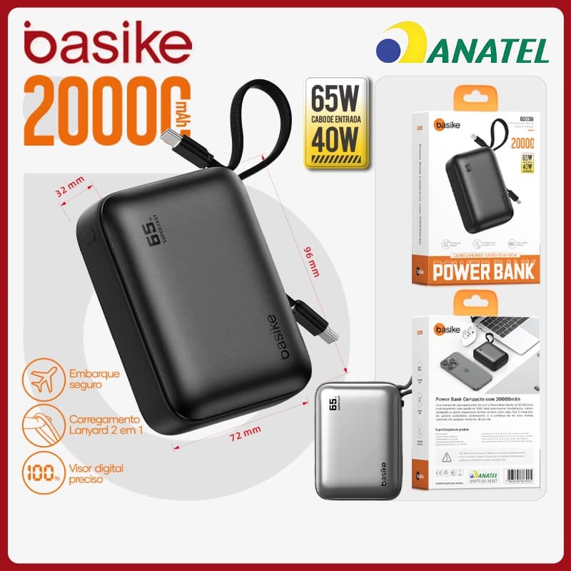 Basike Power Bank Turbo 20000mAh 65W TurboCharge，Carregador Portátil Rápido com Cabo Incluso e Display Digital，b203b