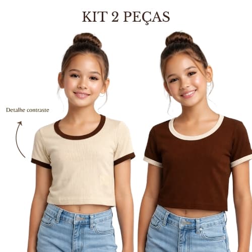 Kit 2 Peças Baby Look Cropped Juvenil Camiseta Feminina Básica Premium Confortável
