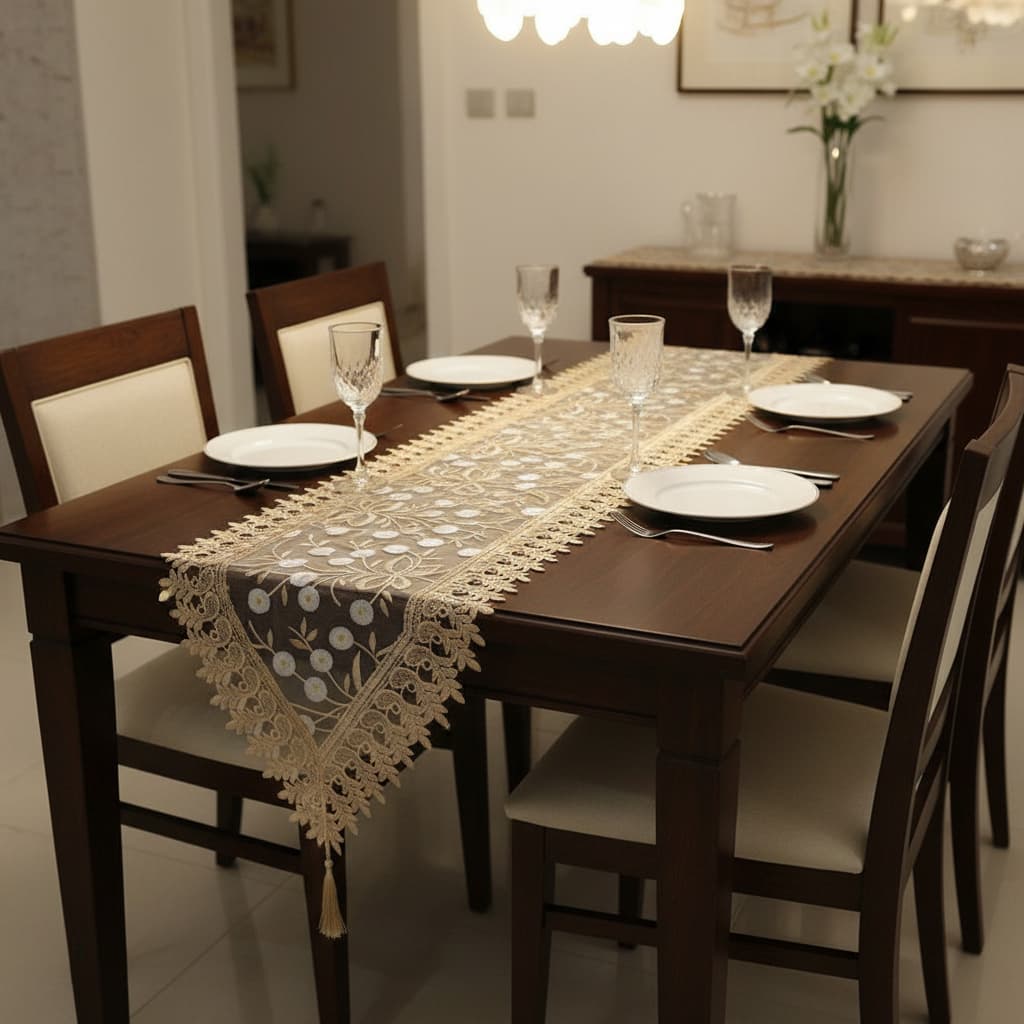 Caminho de Mesa Guipir Renda Luxo Decorativo Bege Champagne/Branco 40x120 40x150 40x180cm Sala Cozinha