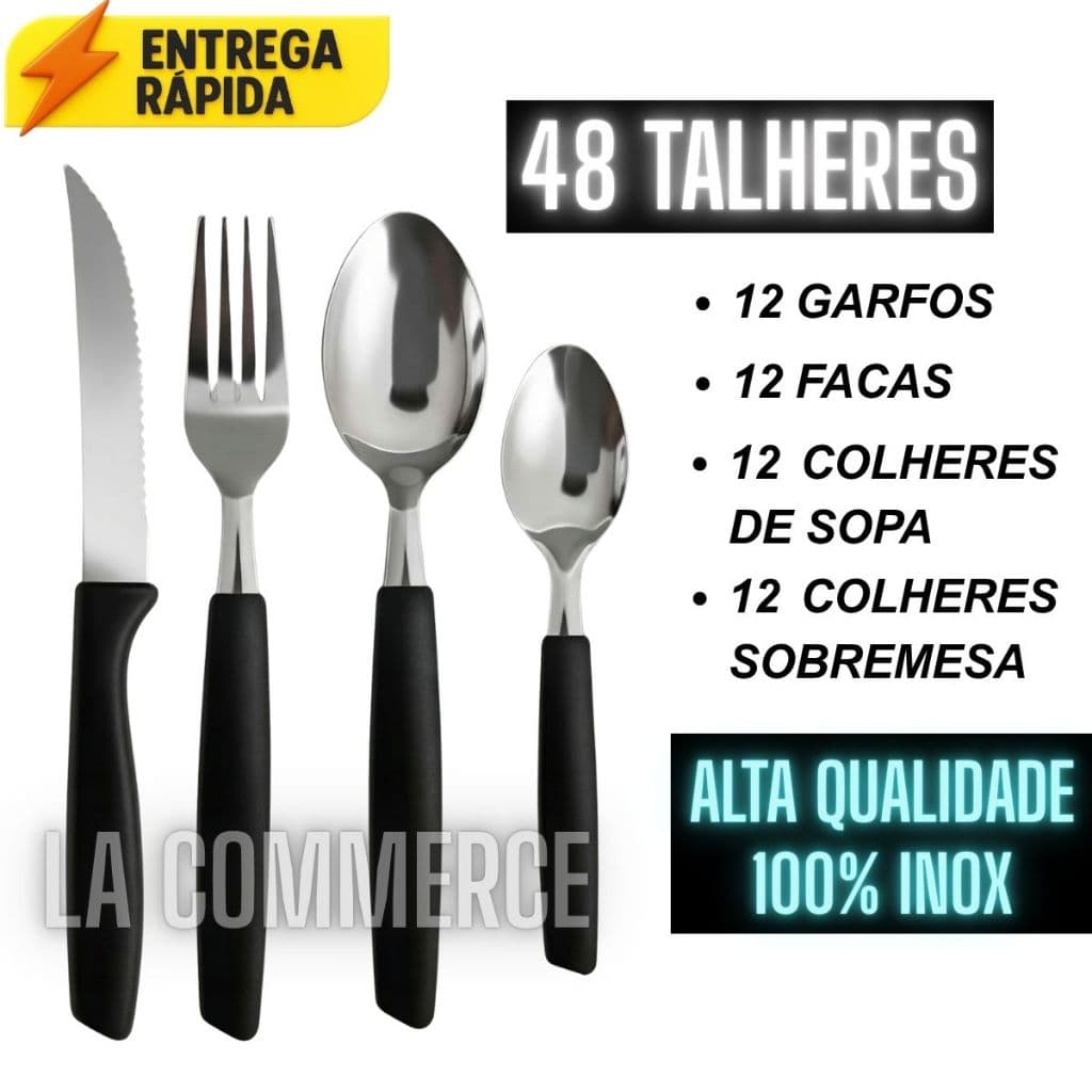 Kit 24/48/72/96 Talheres Preto Inox Premium Cabo Plástico Faca Garfo Colher Colher Sobremesa/Cha