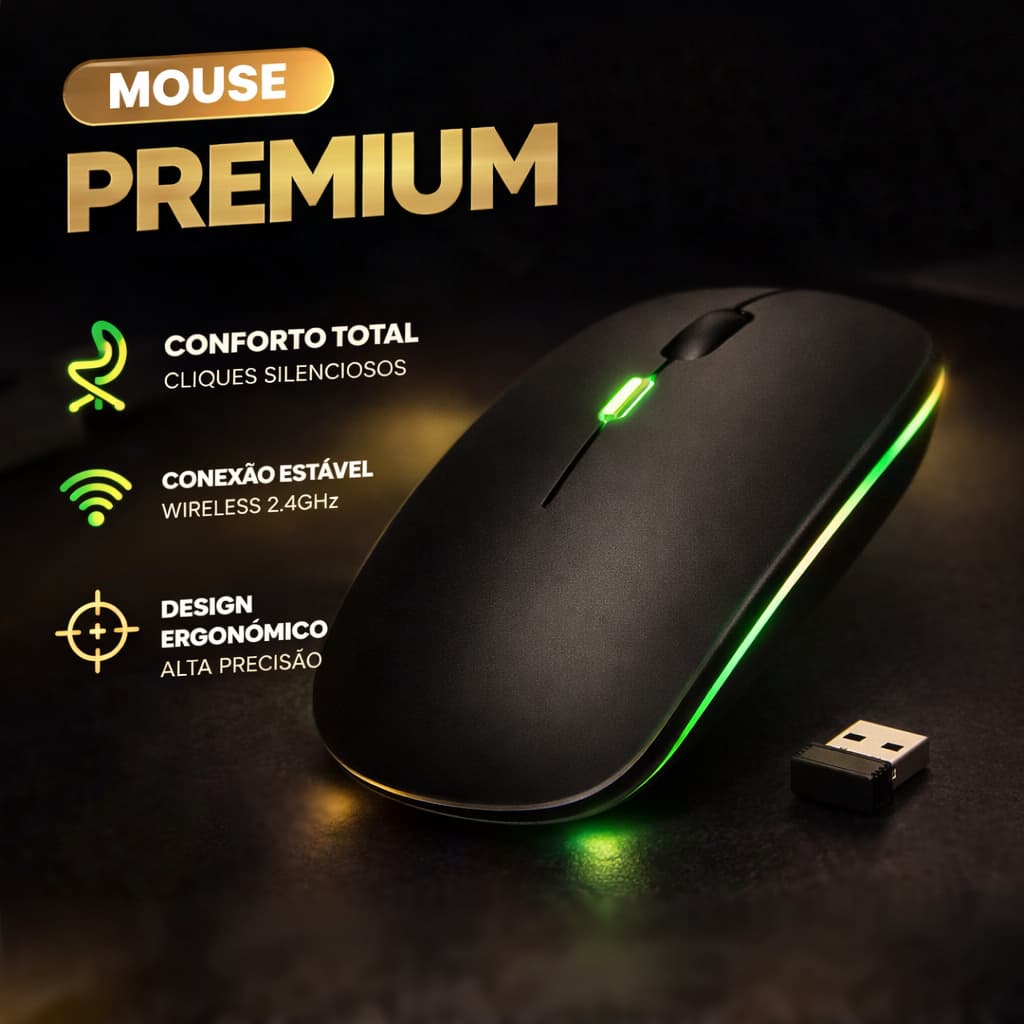 🖱️ Mouse Sem Fio Wireless RGB 2.4GHz USB Silencioso Design Premium Ergonômico